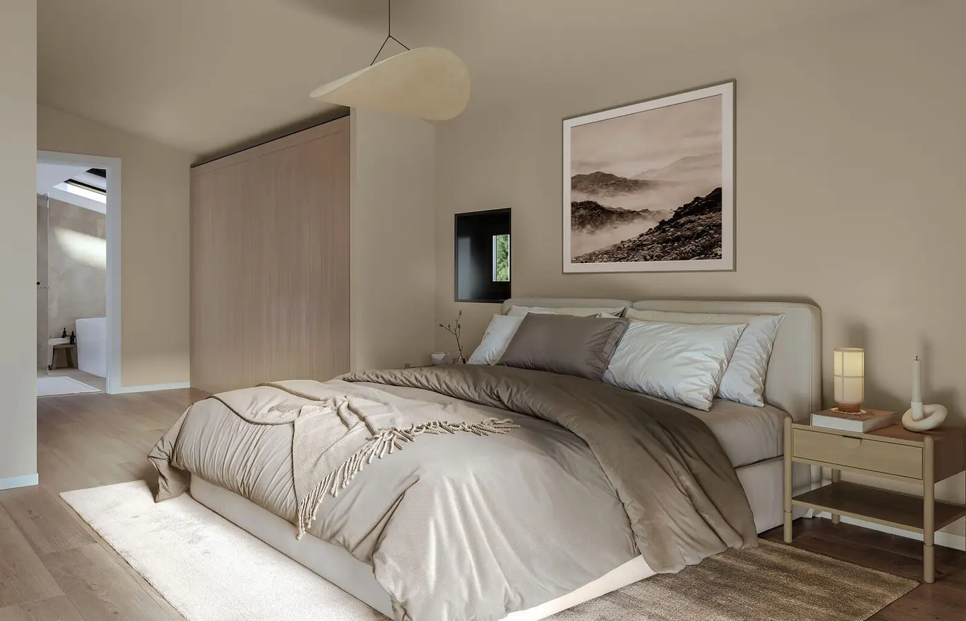 Hovedsoverommet har god plass til dobbeltseng og har rikelig med plass til garderobeløsning i forlengelsen inn mot badet.